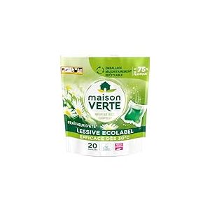 Maison Verte - Lessive Capsule - Parfum Fraîcheur d'Ete - Lessive Détachante - Spécial Peaux Sensibles - Efficace dès 20°C - 5 Enzymes Actives d'Origine Naturelle - Sans Conservateurs - 20 Lavages