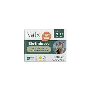 Naty BioEmbrace Couches Bébé Taille 3 (4–9 kg) | 100% bio-sourcée sur la Peau | Douceur à Base de Plantes, Dermatologiquement Testées, Super Absorbantes | 180 Unités