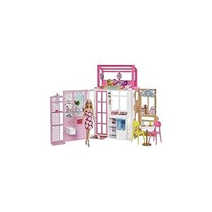 Barbie Coffret Maison et Poup&eacute;e &agrave; 2 Niveaux enti&egrave;rement meubl&eacute;e avec 4 Zones de Jeu, Chiot et Accessoires, Jouet Enfant, D&egrave;s 3 Ans, HHY40