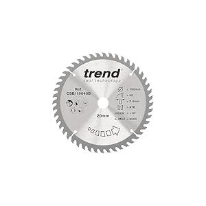 Trend Lame de scie circulaire Wood, diamètre 190 mm, alésage 20 mm, 48 dents, trait de scie 2,4 mm, crochet +10°, TCT, finition fine, CSB/19048B