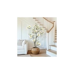 Garvee Plante Artificielle de Magnolia &agrave; Fleurs de 150 cm, Haut Arbre Artificiel avec Pot Blanc D&eacute;coration pour Jardin, Patio, Maison, Bureau
