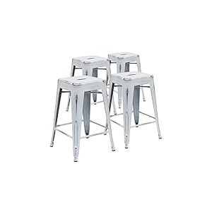 Flash Furniture Meubles Flash Lot de 4 tabourets de comptoir en m&eacute;tal qualit&eacute; Commerciale de 61 cm de Haut, Plastique, Fer, Blanc Vieilli