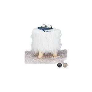 Relaxdays 10025735_49 Tabouret fausse fourrure poils pouf 4 pieds bois, blanc, 31 x 31 cm