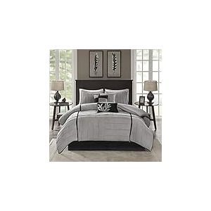 Madison Park Jupe de lit Assortie Toutes Saisons, Coussins décoratifs, Polyester/Polyester, Daim Dune Noir, Gris, King (264,2 x 233,7 cm)