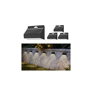 Smiling Shark Lampe Solaire Exterieur, 4 Pièces LED Applique Murale Exterieur Solaire IP65 Étanche Lumières de Clôture Solaires pour Jardin Clôture Escaliers Marches Cour Terrasse, Blanc Chaud