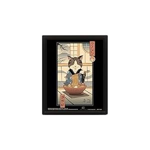 Vincent Trinidad D&eacute;coration murale 3D lenticulaire encadr&eacute;e (Neko Ramen Ukiyo-E Design) Impression d'art 3D dans un cadre photo noir 28,5 cm x 23,5 cm Affiche orientale 3D D&eacute;coration murale 3D Produit