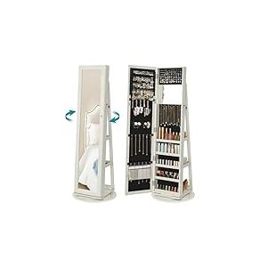 SONGMICS Armoire &agrave; Bijoux, Organisateur d&rsquo;Accessoires, avec Miroir Pleine Longueur, Pivotant &agrave; 360&deg;, &Eacute;tag&egrave;re de Rangement, Verrouillable avec des Cl&eacute;s, pour Chambre, Blanc Bois&eacute; Gris&acirc;tre JBC62W