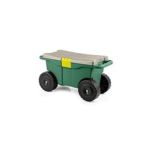 Pure Garden Chariot de jardin utilitaire – Bac de rangement à roulettes avec banc et plateau à outils intérieur – Tabouret de jardinage pour désherbage et plantation – Vert foncé/noir/gris