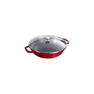 STAUB Wok en Fonte avec Couvercle en Verre et Grille Amovible Inclus, Ø 30 cm, 4,40 L, Cerise