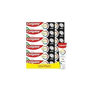COLGATE Dentifrice Colgate Total Charbon - défense pendant 24h - 8 bénéfices pour une protection complète - le lot de 12 tubes de 75ml