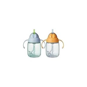 Tommee Tippee tasse à paille d’apprentissage, 240ml, Tasse de transition pour nourrissons à partir de 6 mois, dotée d’une paille lestée en silicone et de poignées faciles à saisir, Bleu et Orange, x 2