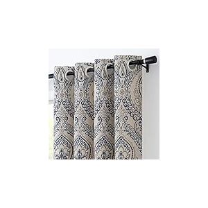 Vangao Lot de 2 Rideaux occultants damassés à imprimé Cachemire Bleu pour Chambre à Coucher et Salon, Rideaux Vintage texturés en Lin, 243,8 cm, Bleu sur Beige