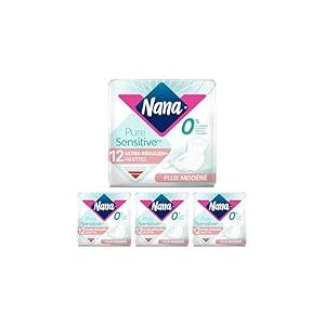 Nana PureSensitive Serviettes Hygiéniques Ultra Régulier Plus - Flux Modéré - 0% Allergène*, Parfum, Colorant - 12 Serviettes avec Ailettes (Lot de 4)