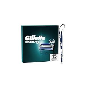 Gillette 15 Recharges De Lames De Rasoir Homme Mach3 ORIGINELLES, Pack De Cartouches Avec Un Porte-clés, 3 Lames Affutées et Bande Lubrifiante Pour Un Rasage Manuel Du Visage Confortable