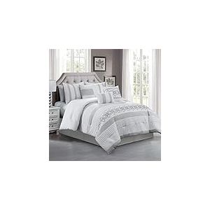Chezmoi Collection Ariel Parure de lit 7 pièces plissée en Chenille brodée à Rayures géométriques, Gris, très Grand lit californien