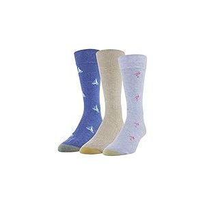 Gold Toe Timeless Classics Crew Socks Chaussettes, Chambrey Flamingo/Oatmeal Heather Rib/Royal Sailboats, L (Lot de 3) Homme