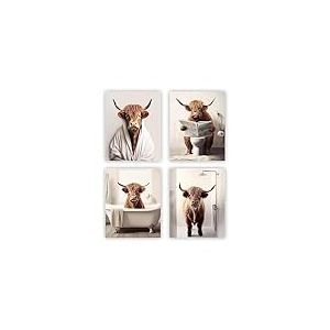 heilkee Lot de 4 affiches décoratives amusantes pour salle de bain, bétail marron dans la baignoire – Affiches de style rustique – Vache dans les toilettes (sans cadre, 20,3 x 25,4 cm)