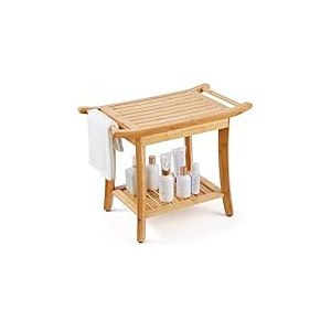 VEVOR Banc de Douche en Bambou, 610 x 350 x 480 mm, Tabouret de Douche étanche avec poignée et étagère de Rangement, jusqu'à 136,1 kg, pour Adultes, Personnes âgées, Femmes âgées, intérieur extérieur
