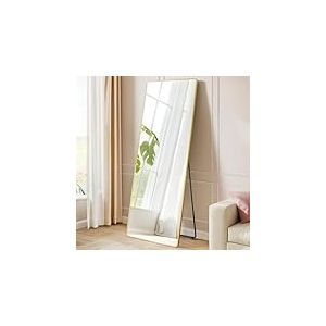 SONGMICS Miroir Intégral, 160 x 50 cm, Miroir Rectangulaire sur Pied, à Poser au Sol, Cadre en Alliage d’Aluminium, Verre Trempé, pour Chambre, Salon, Dressing, Doré Clair LFM030A01