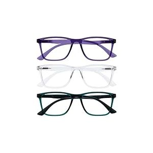 OPULIZE NYX Lunette anti lumiere bleue femme & homme - Lunette Loupe Ecran/Gaming - Lot de 3 - Anti-&eacute;blouissement, UV400, L&eacute;g&egrave;re - Rectangulaire - Violet Translucide Turquoise - + 1,00