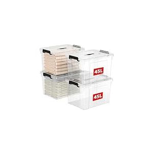 Cetomo 45L*4 Bo&icirc;te de Rangement, Bac de rangement avec Poign&eacute;e, Plastique Organisateur avec Couvercle, Empilable, Transportable, pour V&ecirc;tements, Bureau, Chambre, Dortoirs, Transparent, 45L - Lot de 4