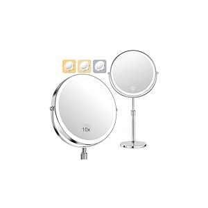 SURFOU Miroir Maquillage Grossissant Lumineux, 10X/1X Double Face Miroir 3 Couleurs 64 LED, Miroir Maquillage Grossissant Rechargeable Rotation 360° Portable