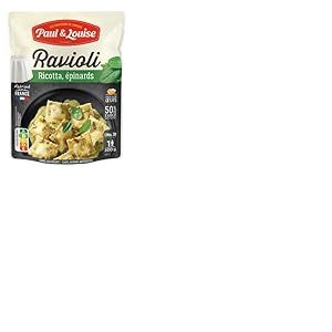 Paul & Louise Ravioli Ricotta, Épinards 300g - Sachet micro-ondable - Prêt en 1 minute 30 - Pâte aux œufs - Recette sans viande - Sans colorant - Sans arôme artificiel - Nutriscore B