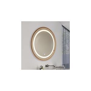M Ledme - Miroir de Salle de Bain Lumineux 60x60cm, Miroir Rond en Bois 15W, intensit&eacute; Variable, 3 Couleurs d'&eacute;clairage, Interrupteur Tactile, Verre tremp&eacute; HD, IP44, Finition Bois