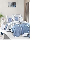 Nuit Des R&ecirc;ves Parure de lit Double en Satin de Luxe (200 x 200 cm), 100% Coton, Nombre de Fils 210, avec 2 taies d'oreiller (80 x 80 cm), Lavable en Machine, Blanc &eacute;l&eacute;gant, Bleu et Marron