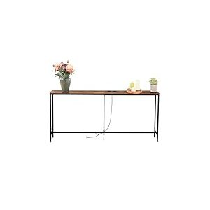 FurnitureR Console avec 2 Stations de Charge, Industrielle avec 2 Ports USB, Basse étroite de 180 cm, Table d'appoint pour entrée, Couloir, Foyer, Salon, Marron Vintage, 180X20X80CM