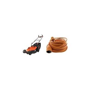 BLACK+DECKER Tondeuse Filaire 1600W, Tondeuse à Gazon Electrique 38 cm & Zenitech Prolongateur, Orange, 25 m