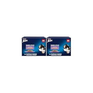 FELIX | Tendres Effilés | en Gelée | Chat Adulte | Recette 100% Complète et Equilibrée | Sélection au Saumon, Poulet, Canard et Cabillaud | Sachets Fraîcheurs | Boîte de 44 x 85g (Lot de 2)