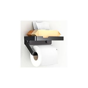 Euqvunn Porte Papier Toilette avec Étagère, Support Papier WC Mural, 3 Méthodes d'Installation [sans Perçage, Autocollant, Vissage], Accessoire de Salle de Bain et Cuisine, Noir Mat