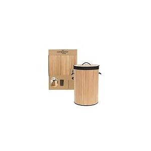 COMPACTOR - Panier &agrave; linge rond pliable en bambou avec couvercle - Tissu int&eacute;rieur noir amovible - Poign&eacute;es en corde - Format gain de place 40 x H60 cm - Style naturel et sobre