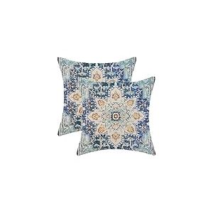 AEIOAE Lot de 2 Housses de Coussin d&eacute;coratives carr&eacute;es en Lin &agrave; Motif Ethnique boh&egrave;me pour d&eacute;coration ext&eacute;rieure et ext&eacute;rieur &ndash; Motif Tapis Ethnique Bleu et Jaune &ndash; 45,7 x 45,7 cm