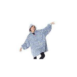 Kanguru Kangurone Glow Couverture Polaire Phosphorescent avec motifs Lumineux Constellations, Sweat Plaid a Capuche fille, Pull Plaid, Cadeau ado fille, Bleu, enfant 4-14 ans 75 x 75 cm