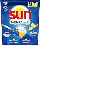 Sun - Pro Expert - Pastilles Lave Vaisselle - Action 4 en 1 - Citron - Elimine 100% des taches brûlées de +72h - dégraissent en Profondeur - 38 Capsules