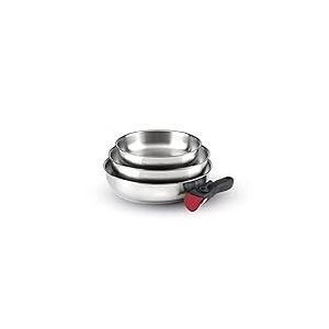 Qulinart by Brandt - Batterie de Cuisine à Induction 4 Pièces - Set de 3 Poêles en Inox 20, 24 et 26 cm avec Poignée Amovible - Acier Inoxydable - Lot pour Tout Feu - Sans PFOA - Argenté