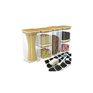 Newaner Bocaux en Verre 6 pcs, pot a epices de cuisine(6,4L au total), grand récipient en verre Avec couvercle en bambou scellé, pot rangement cuisine Pour Stocker les Cereales thé, café, épices.