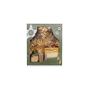 Accentra Coffret cadeau Men's World Born to Grill pour homme, gel douche, savon en forme de munition, brosse à ongles en bois et tablier de barbecue