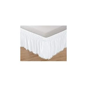 Elegant Comfort Top-Knot Jupe de lit &eacute;lastique &agrave; Franges &agrave; Pompons, Infroissable, Hauteur de 40,6 cm, pour lit Queen/King, Blanc