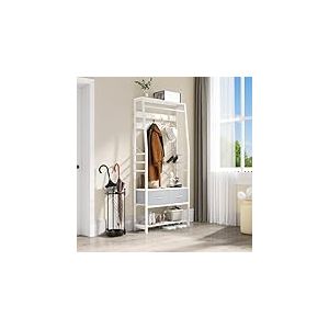 YITAHOME Portemanteau, Arbre d'entrée 6 en 1 avec 2 Tiroirs, Porte-manteau sur Pied avec Rangement à Chaussures, Porte-vêtements en Bois et Métal, pour Salon Entrée Chambre à Coucher, Blanc