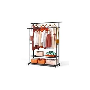 vounot&reg; Portant &agrave; V&ecirc;tements Double Tringle en M&eacute;tal avec Roulettes Penderie V&ecirc;tement &Eacute;tag&egrave;res avec 2 &Eacute;tag&egrave;res de Rangement Pour Entr&eacute;e Chambre et Dressing 120x40x146cm Noir