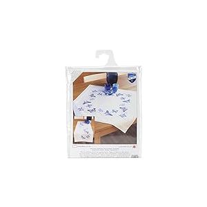 Vervaco Kit Point De Croix Pré-Imprimé Nappe PAPILLONS BLEUS Broderie Kit Complet Adulte Loisir Créatif Maison Decoration Manuelle Table Cadeou DIY ca. 80 x 80 cm Cross Stitch Embroidery