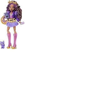 Monster High Poupée Clawdeen Wolf avec Veste Moto Violette et Jupe en Fourrure, accompagnée d’Un louveteau nommé Crescent et de 7 Accessoires comme Un Livre, Un Croissant et Un Sac à Main, JHK30