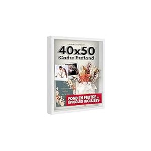 Americanflat Cadre Profond 40x50 Blanc - Cadre Photo Bois MDF - Cadre 3D avec Vitre Plexi Poli & Matériel de Suspension Inclus - Suspension Horizontale ou Verticale Murale ou sur Table