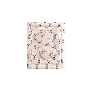 True North by Sleep Philosophy Parure de lit 4 pièces en Flanelle Chaude 100% Coton – Imprimé Animaux, étoiles, Mignons, Ultra Douce pour Temps Froid, lit Double, Bouledogue français Rose