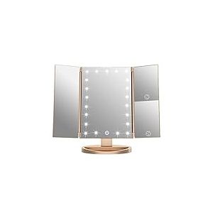 WEILY Miroir de Maquillage, 1x / 2X / 3X Miroir de Maquillage à Trois Volets avec 21 lumières LED et Miroir réglable à écran Tactile Miroirs de comptoir cosmétiques (Or)