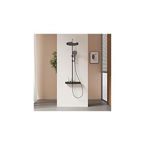 EMKE Colonne de douche thermostatique avec étagère en verre, 320 mm, douche de pluie extra large, douche à main avec 3 types de jets, noir mat, hauteur réglable 818-1068 mm