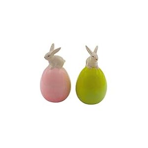 Dekohelden24 Lot de 2 Lapins d&eacute;coratifs Modernes en c&eacute;ramique Rose et Vert - Contenu : 2 &oelig;ufs d&eacute;coratifs - Dimensions d'un Lapin sur &oelig;uf de P&acirc;ques : L x l x H 9 x 9 x 16 cm.